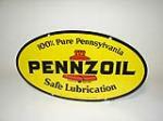 Very clean 1950s Pennzoil Motor Oil double-sided tin painted garage sign with Bell logo. - Front 3/4 - 108337