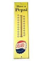 Late 50s-early 60s Pepsi Cola vertical tin thermometer with bottle cap logo. - Front 3/4 - 108622