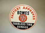 1950s Bowes "Factory Approved" Tubeless Tire Service tin painted garage sign. - Front 3/4 - 113175