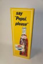 Killer N.O.S. early 1960s Pepsi-Cola "Say Pepsi Please" self-framed vertical tin sign with bottle graphic. - Front 3/4 - 154420