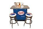 Restored 50s Pepsi-Cola Soda bar made from an original Ideal Pepsi-Cola cooler with stools and accessories. - Front 3/4 - 154598