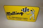 Melling Hi-Performance Racing Parts embossed tin automotive garage sign with nice graphics. - Front 3/4 - 158102