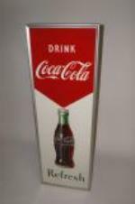 N.O.S. 1954 Drink Coca-Cola "Refresh" self framed vertical tin sign with bottle graphic! - Front 3/4 - 163084