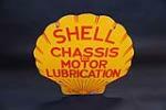 Circa 1930s Shell Chassis and Motor Lubrication double-sided die-cut porcelain filling station sign. - Front 3/4 - 191113