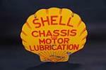 Circa 1930s Shell Chassis and Motor Lubrication double-sided die-cut porcelain filling station sign. - Rear 3/4 - 191113