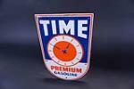 Hard to find Time Premium Gasoline single-sided die-cut porcelain pump plate with clock logo. - Front 3/4 - 191349