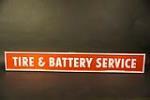 NOS Firestone Tire and Battery Service single-sided tin automotive garage sign. - Front 3/4 - 191748