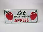 NOS 1940s-50s "Eat Washington Apples" single-sided embossed tin license plate attachment sign. - Front 3/4 - 202524