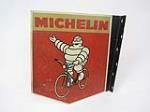 1950s Michelin Tires double-sided tin bicycle tires dealers sign with Bibendum (Michelin Man) graphic. - Front 3/4 - 202951