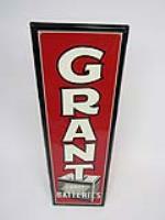 Pristine NOS 1953 Grant Batteries single-sided vertical tin automotive garage sign with wonderful period battery graphic. - Front 3/4 - 203281