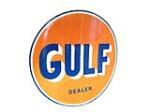 Cool large 1963 Gulf Oil Dealer double-sided porcelain service station sign. - Front 3/4 - 203717