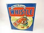 Adorable NOS 1948 Whistle Orange Soda single-sided embossed tin sign with elf/bottle graphic. - Front 3/4 - 213998