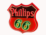 CIRCA 1950s PHILLIPS 66 OIL PORCELAIN SIGN WITH ANIMATED NEON - Front 3/4 - 260511