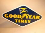 Terrific 1953 Goodyear Tires double-sided porcelain dealership sign. - Front 3/4 - 46704