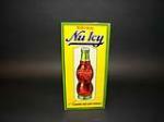 N.O.S. Nu Icy Soda vertical tin general store sign with hour glass shaped bottle graphic. - Front 3/4 - 82457
