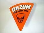 Hard to find N.O.S. late 1950s-early 60s Oilzum Motor Oil double-sided tin painted garage sign with Oilzum man depicted. - Front 3/4 - 97144
