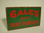 N.O.S. 1930s Gales Quality Batteries single-sided tin painted garage sign. - Front 3/4 - 97340