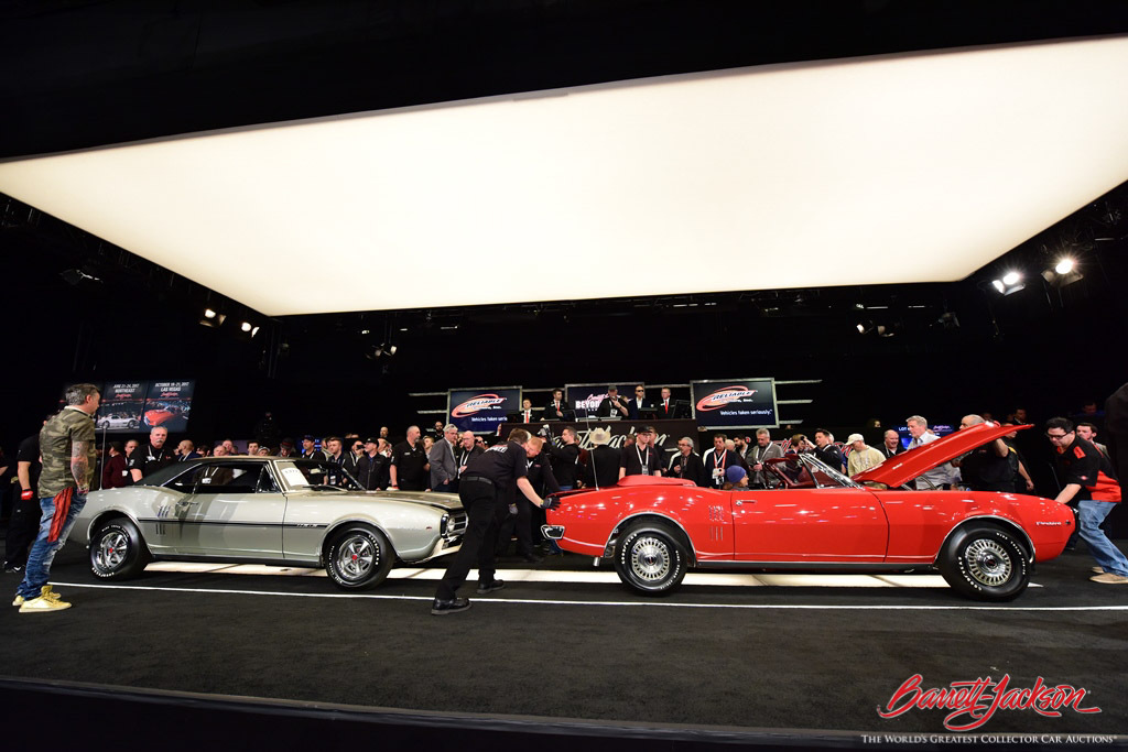 A pair of 1967 Pontiac Firebirds (Lots #1377 and #1377.1) restored by Gas Monkey Garage sold for $258,500.