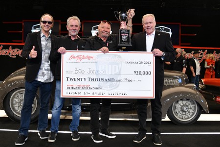 From left to right, Steve Davis, Bobby Alloway, Bob Johnson the 2022 Barrett-Jackson Cup winner, and Craig Jackson.
