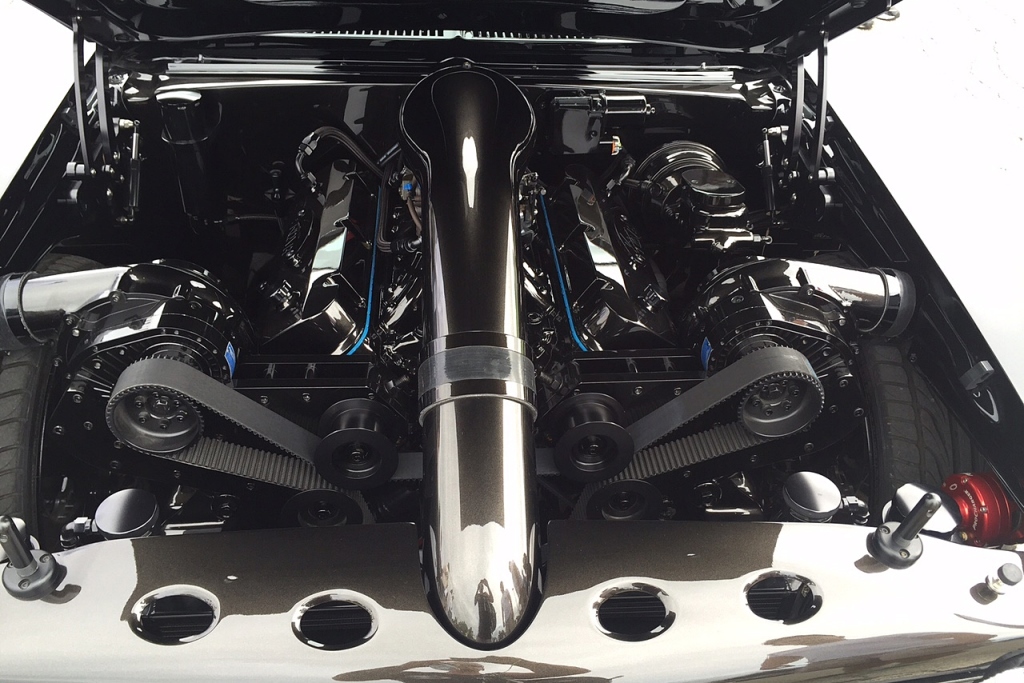 The 1,500hp Chevy big block is fed by twin, symmetrically mounted F2 ProChargers.