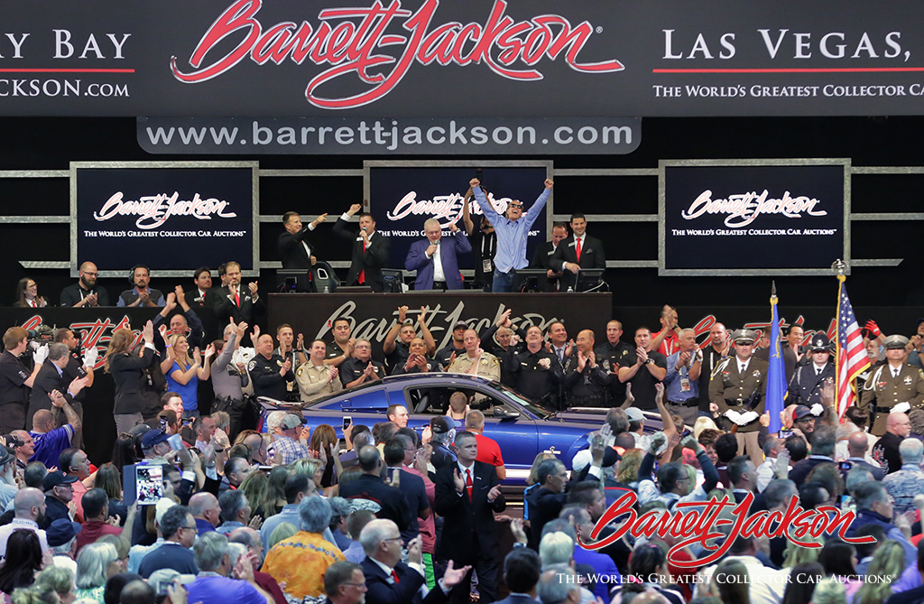 An incredible moment: A 2017 Shelby GT500 Super Snake from the personal collection of Barrett-Jackson President Steve Davis sells for $1 million to benefit Las Vegas first responders.