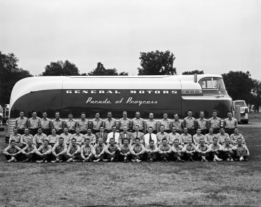 PRODUCT EXPERT NOTE: 1953 view of a 1940 Futurliner & P.O.P. crewENVELOPE INFO 9-3-53; 4x5 pub. views of POP press preview at State Fair Grounds; Detroit, Mich.ORIGINAL CLIENT: GM Pub. RelationsSIGN: "General Motors Parade of Progress"RESEARCH NOTE: The brainchild of Charles Kettering, the Parade of Progress brought Worlds Fair type non-commercial entertaining, educational exhibitions to rural and small towns across the USA using custom-built Streamliners (1935-1940) and Futurliners (1940s and 1950s). [SOURCE: GM Text File]