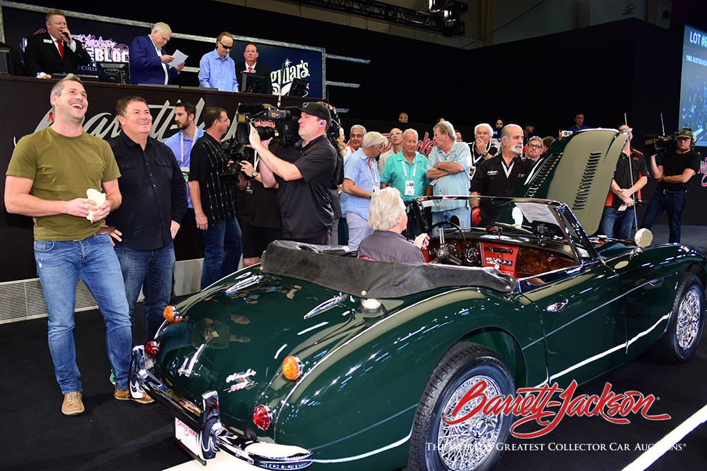 Ant Anstead and Mike Brewer of “Wheeler Dealers” (and “Barrett-Jackson Live”) were thrilled when the 1965 Austin-Healey 3000 Mark III BJ8 Convertible (Lot #645) they brought to the auction brought in $78,100.