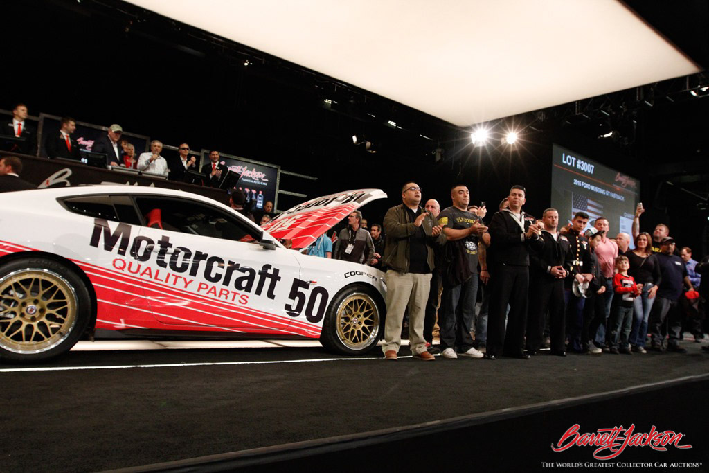 A one-of-one Jack Roush Tribute 2015 Ford Mustang GT Fastback (Lot #3007) sold for $175,000 to benefit Military Assistance Mission, Inc.