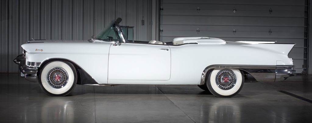 This 1957 Cadillac Eldorado Biarritz features distinctive "rocket" tailfins.