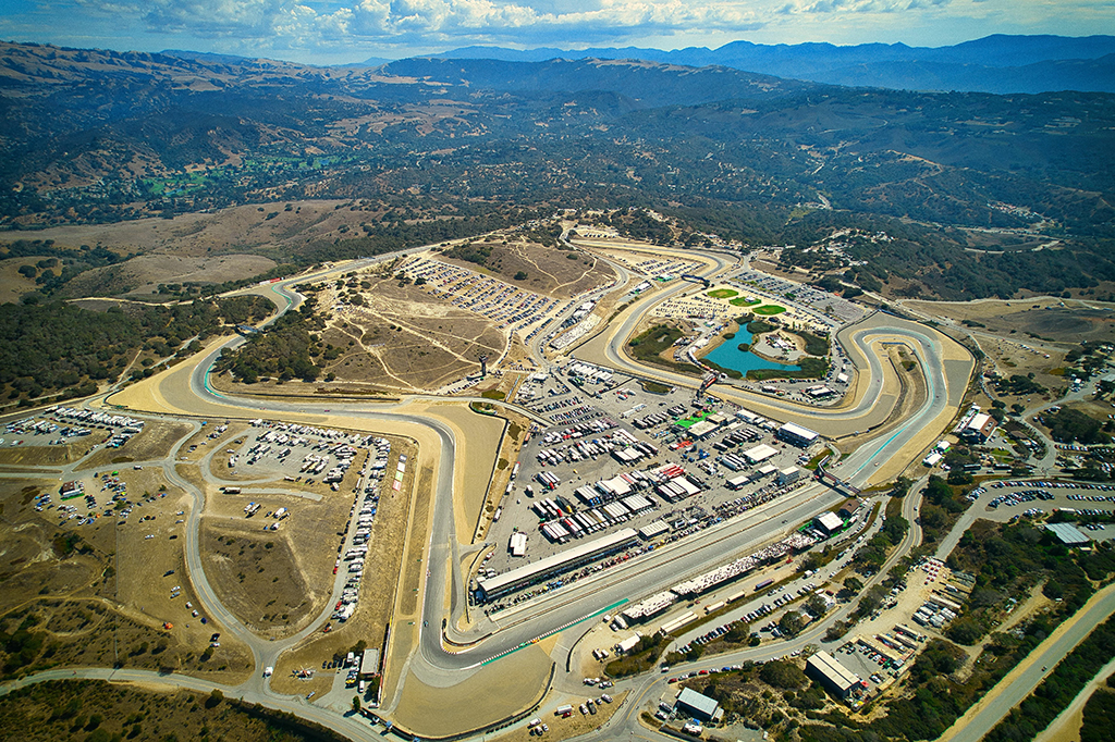 Aerial drone view of WeatherTech Raceway Laguna Seca in Californ