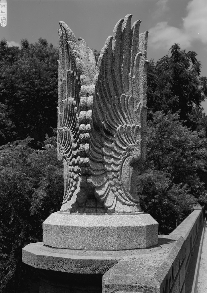 Detail of sculpture on center pilaster, James Farm Road Bridge spanning Merritt Parkway