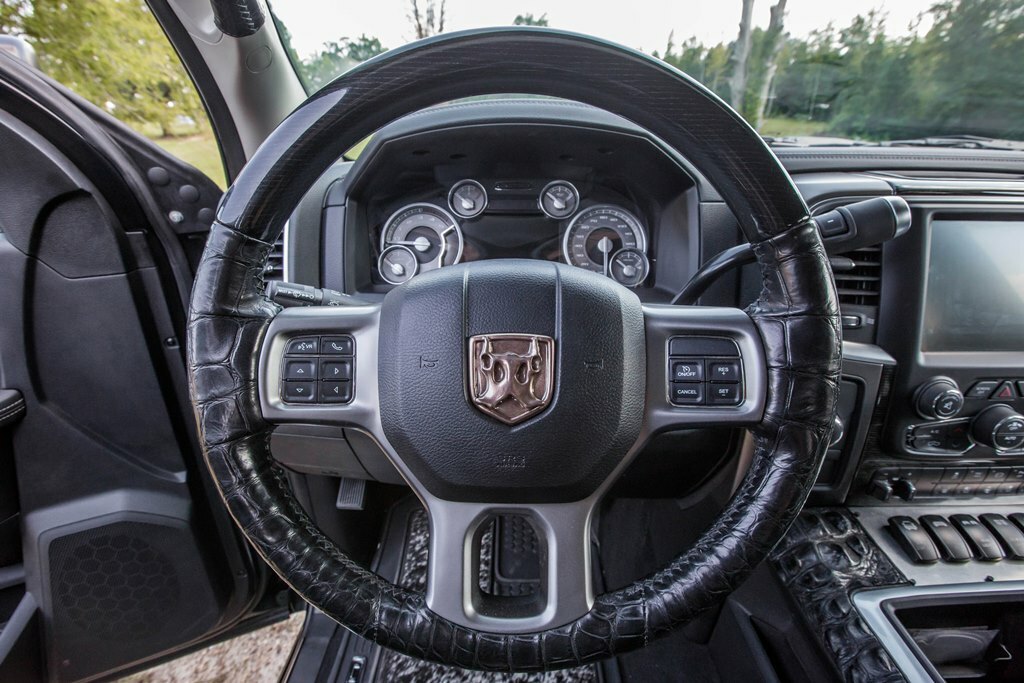 The interior of the 2015 Ram 2500 Commando (Lot #3004) features Mississippi Hornback alligator skin and Brazilian bovine hair-on-hide details.