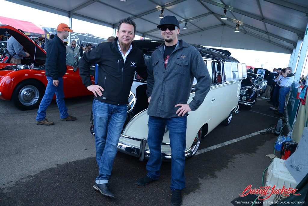 Dave Kindig and Kevin Schiele of Kindig-It Design in the staging lanes with their record-breaking 1965 Volkswagen Type II 21-Window Deluxe Bus (Lot #1315), which sold for $302,500.