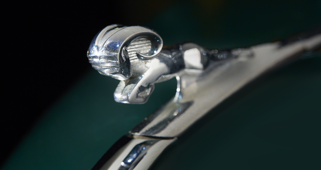 Ram hood ornament on a 1939 Dodge Haynes Body Coupe.