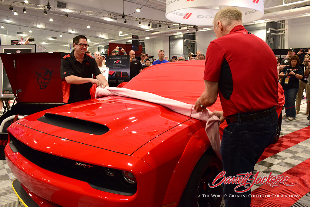 The big reveal: Steve Magnante and Craig Jackson unveil the very last-production 2018 Dodge Demon - in a special Viper Red - at today's event.