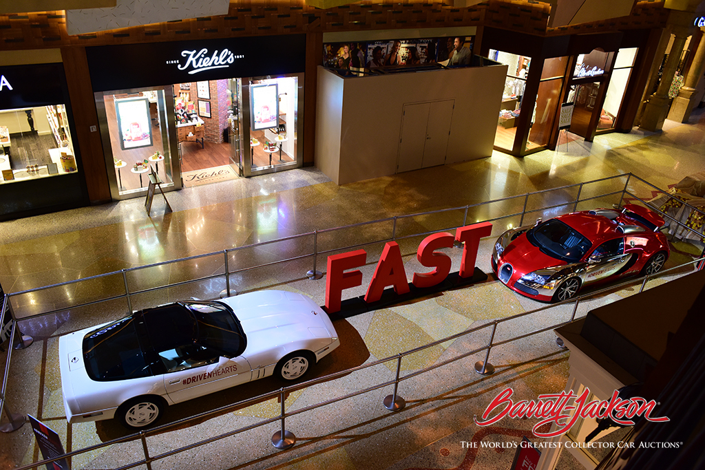 The Driven Hearts Corvette and Bugatti Veyron, displayed in the Mohegan Sun mall.