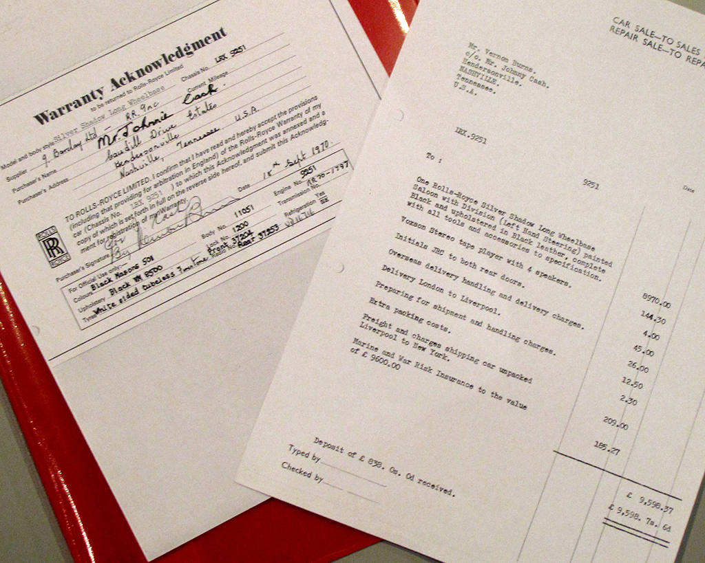 The warranty card at left is made out to Johnny Cash at his Tennessee address.  The page at right shows a Mr. Vernon Burns ordered the car on behalf of Johnny Cash.