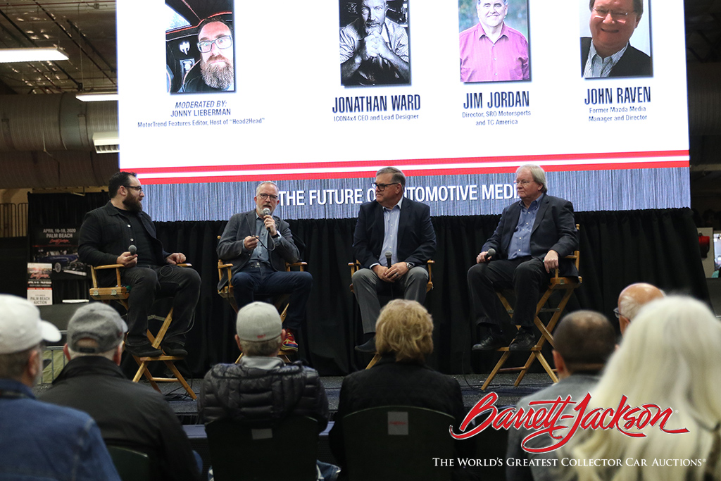 THE FIRST OF BARRETT-JACKSON’S NEW EXPANDED BEHIND THE HOBBY COLLECTOR CAR SYMPOSIUMS SAW MOTORTREND’S JONNY LIEBERMAN, ICON4X4’S JONATHAN WARD, JIM JORDAN OF SRO MOTORSPORTS AND FORMER MAZDA MEDIA MANAGER JOHN RAVEN DISCUSS “THE FUTURE OF AUTOMOTIVE MEDIA.”