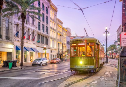 Streetcar in downtown New Orleans, USA at twilight