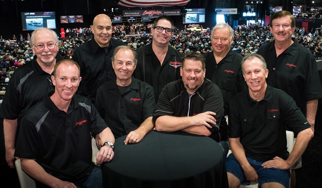 Another important ingredient of the Barrett-Jackson “secret formula” is the company’s impressive team of automotive experts, which has been carefully assembled over the years with some of the best names in the business. These include (from left) Jim and JB Mattison (Pontiac), David Wise (Mopar), Kevin Marti (Ford), Steve Magnante (Mopar, drag racers and hot rods), Anthony and Roy Sinor (Corvettes), and Norm Meads and Jerry MacNeish (Chevrolet Super Sport and Z/28s). This team works to help review certain high-end and rare cars that may be represented, by the consignor, as having matching numbers or documented with show provenance.