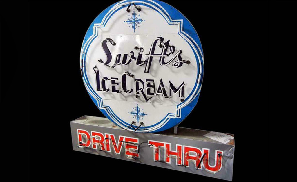 Lot-#6394.1--Stunning-and-large-Swifts-Ice-Cream-'Drive-Thru'-double-sided-porcelain-neon-sign