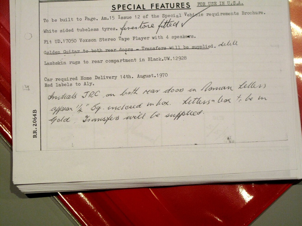 Here is one of the most interesting pages included with the provenance. The original plan to apply a "Golden Guitar" to each of the rear door's was scrapped in the interest of time. Instead, the factory applied "JRC" initials per hand written instructions.