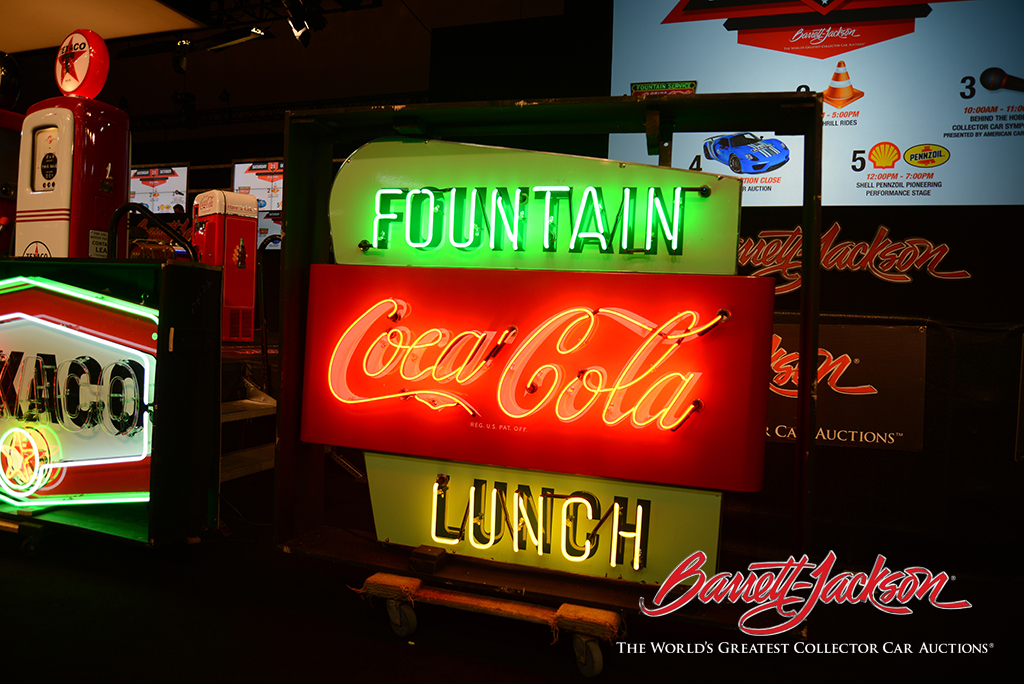 Lot #6399 - Exceptional circa 1950s Coca-Cola Fountain-Lunch double-sided neon porcelain diner sign - $18,400