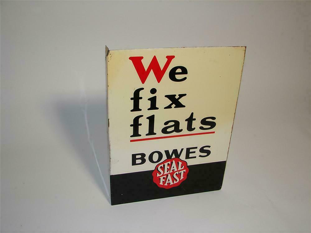 Unusual 1940s Bowes Seal Fast "We Fix Flats" service garage tin painted