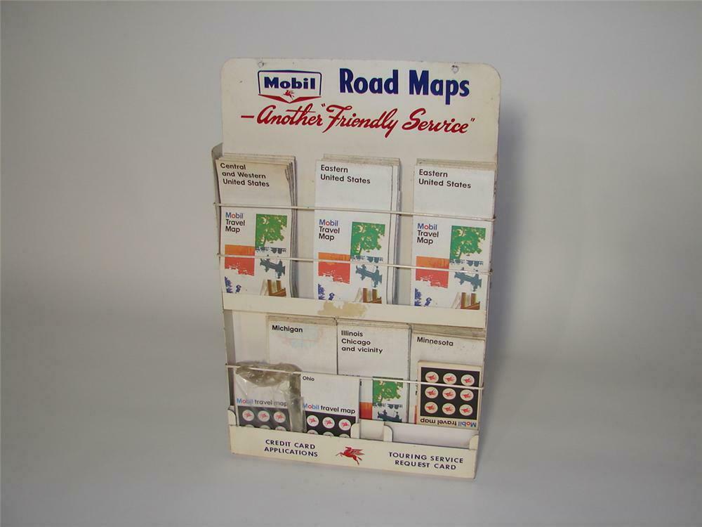 Interesting late 1950s Mobil Oil service station metal road map display/holder filled with Mobil maps. - Front 3/4 - 116557