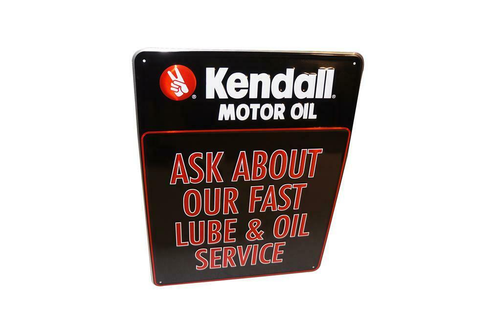 N.O.S. Kendall Motor Oil "Ask About Our Fast Lube" embossed tin automotive garage sign. - Front 3/4 - 154606
