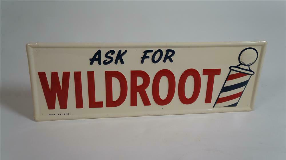 Phenomenal 1956 Wild Root single-sided tin embossed barber sh