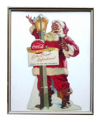 SANTA CLAUS XMAS SIGN 16" VTG DRINK COKE LARRY PUPPY THINGS GO BETTER WITH PULL