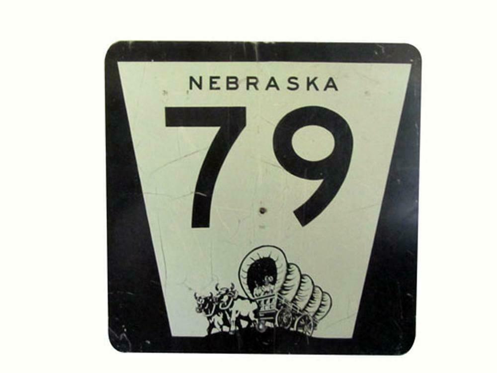 Neat vintage Nebraska Highway 79 metal road sign with Pioneer