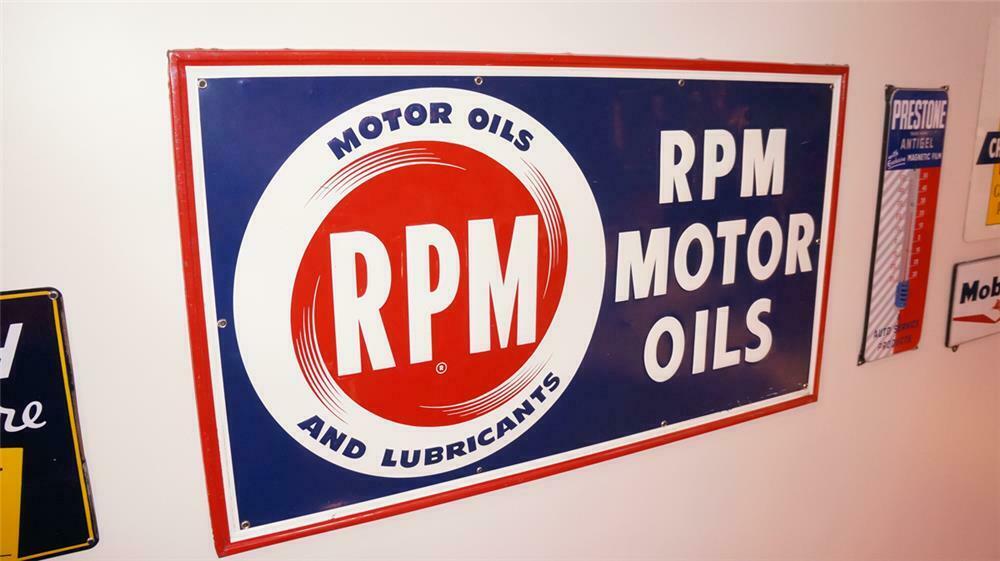 Large N.O.S. RPM Motor Oils single-sided self-framed tin serv